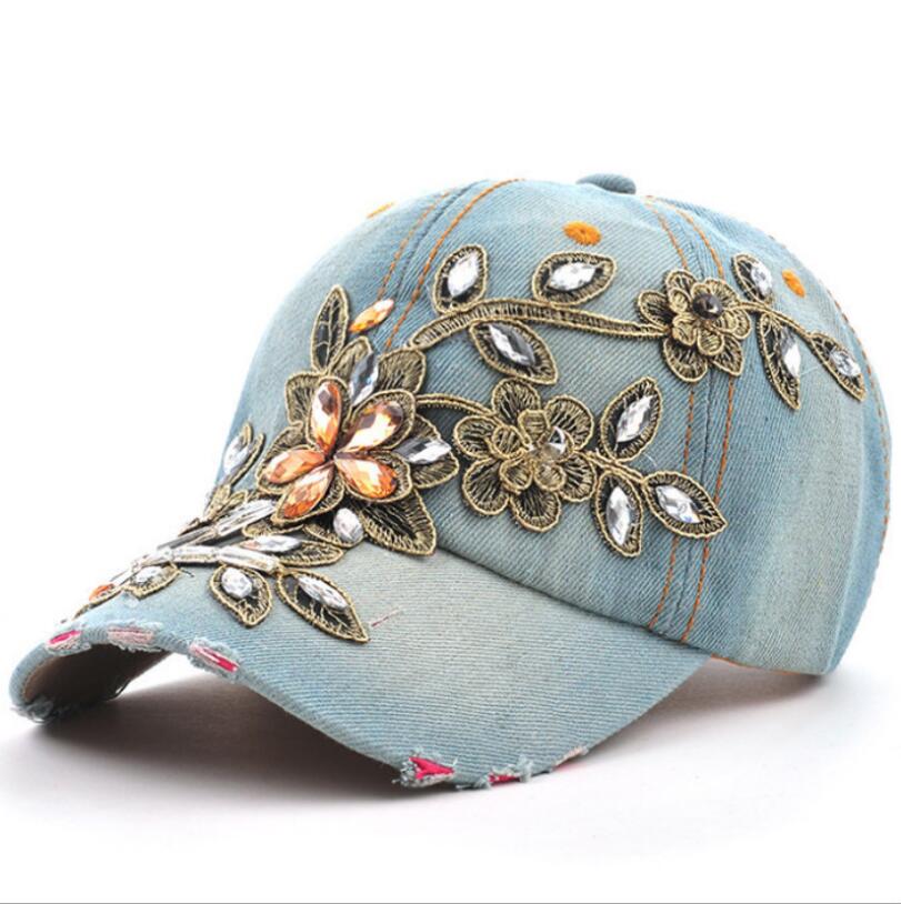 Embroidered Flower Distressed Vintage Denim Hat