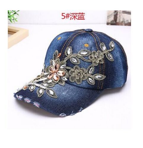 Embroidered Flower Distressed Vintage Denim Hat