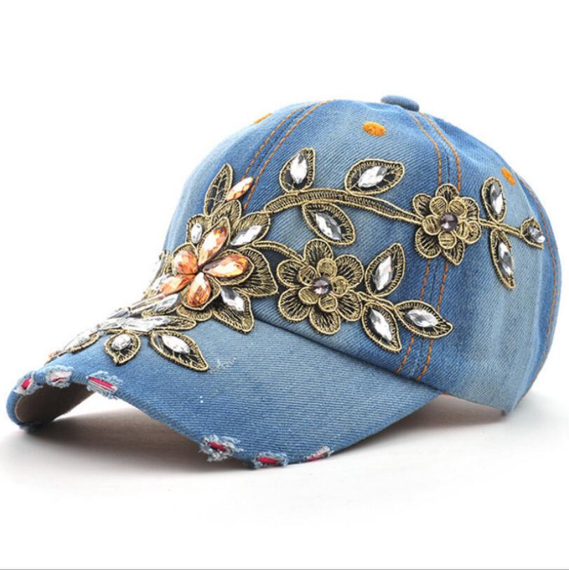 Embroidered Flower Distressed Vintage Denim Hat