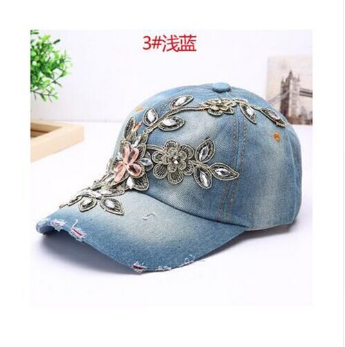 Embroidered Flower Distressed Vintage Denim Hat