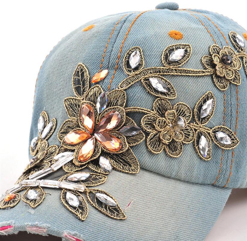 Embroidered Flower Distressed Vintage Denim Hat